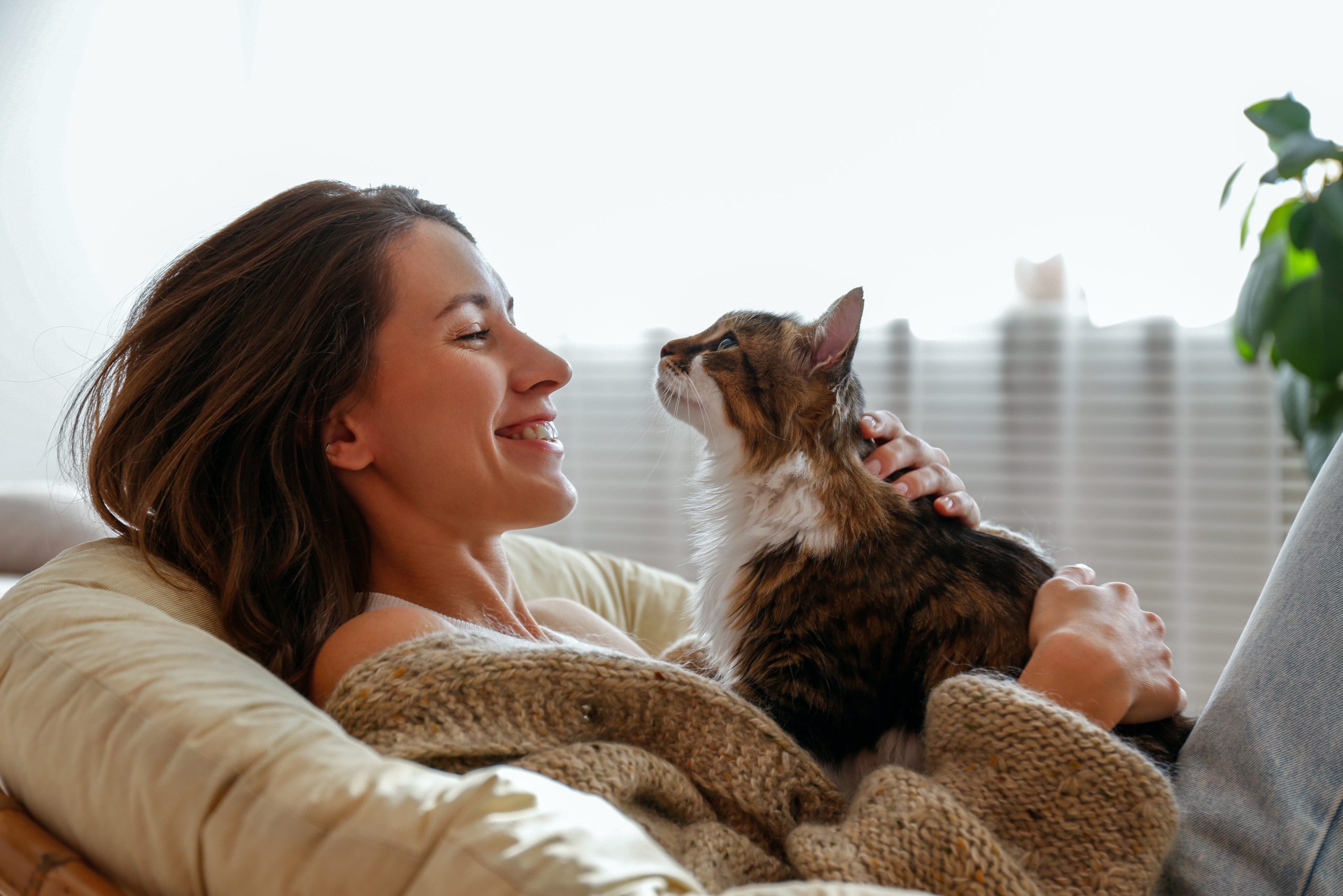 woman smiling while petting her cat on the couch