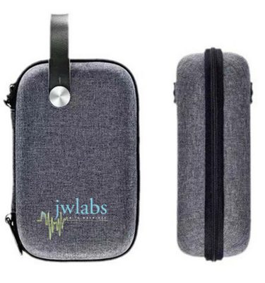 Gray carrying case with zipper and handle, featuring JWLABS logo, designed for Rife machine accessories.
