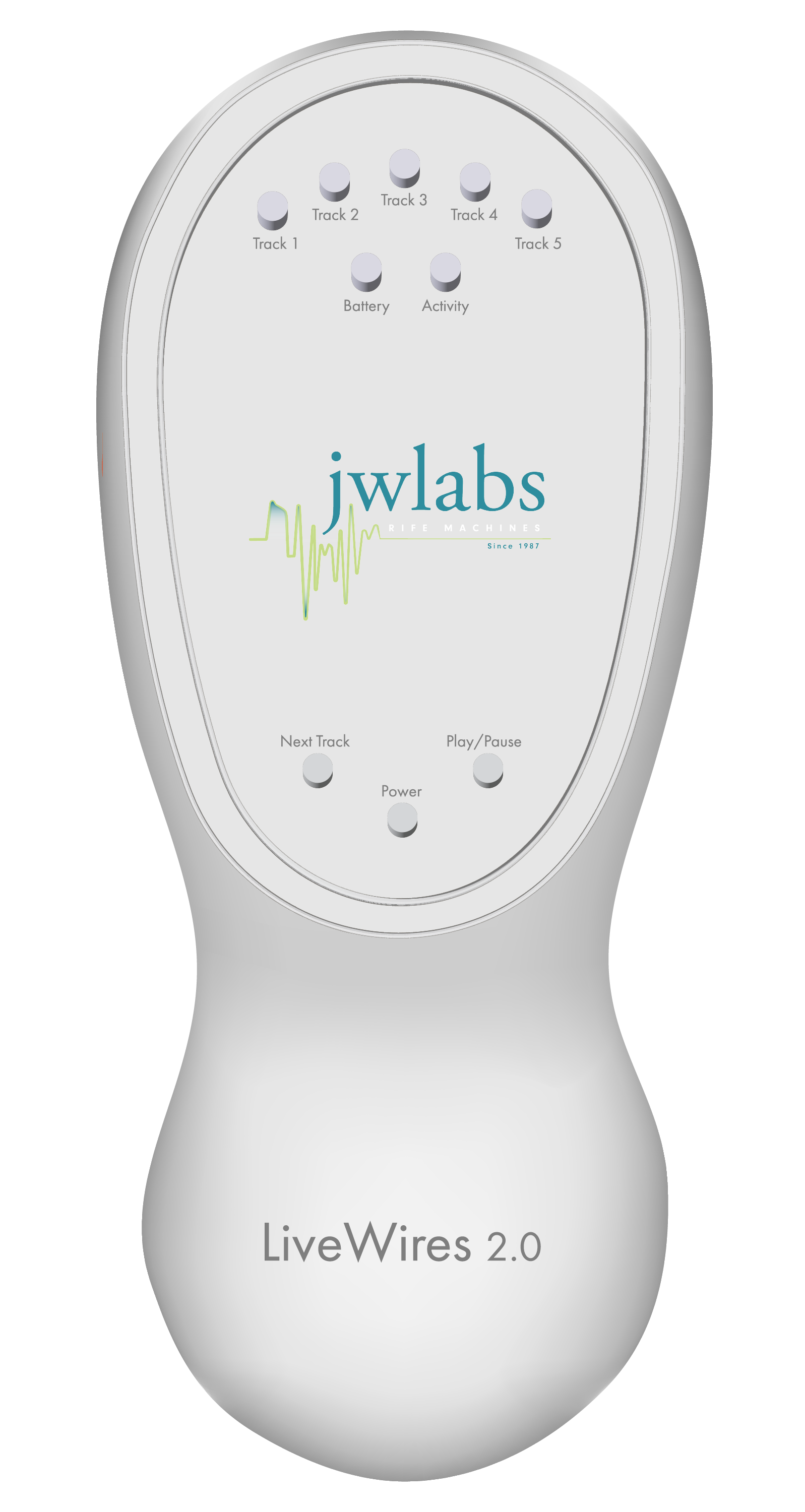 LiveWires 2.0 Rife frequency machine with touch screen interface, buttons for track selection, battery, and activity indicators, featuring JWLABS branding.
