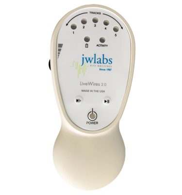 LiveWires 2.0 frequency therapy device by JWLABS, featuring control buttons and LED indicators, designed for wellness applications.