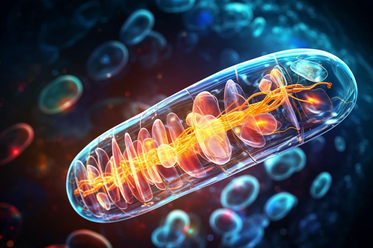 Mitochondrion illustration showcasing cellular energy production and ATP synthesis, relevant to discussions on mitochondrial health and wellness in JWLABS blog.